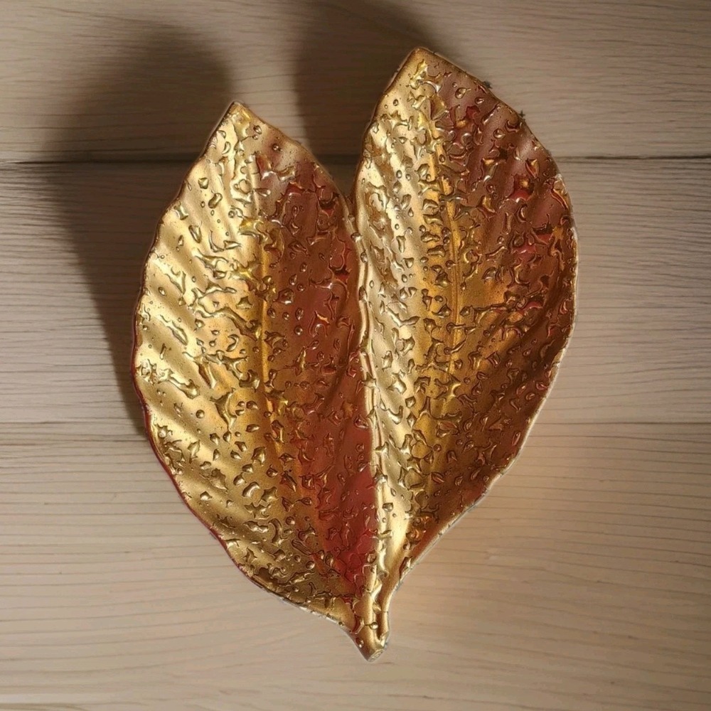 VTG Hand Decorated Weeping Bright K Gold Double Leaf Vintage Candy Nut Dish Asht